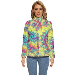 Fractal Spiral Abstract Background Vortex Yellow Women s Puffer Bubble Jacket Coat