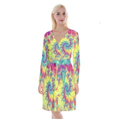 Fractal Spiral Abstract Background Vortex Yellow Long Sleeve Velvet Front Wrap Dress by Ket1n9