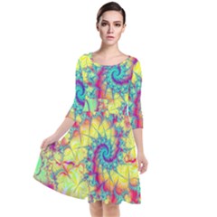 Fractal Spiral Abstract Background Vortex Yellow Quarter Sleeve Waist Band Dress