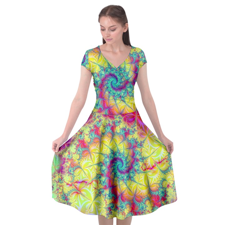 Fractal Spiral Abstract Background Vortex Yellow Cap Sleeve Wrap Front Dress