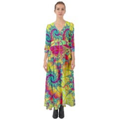 Fractal Spiral Abstract Background Vortex Yellow Button Up Boho Maxi Dress