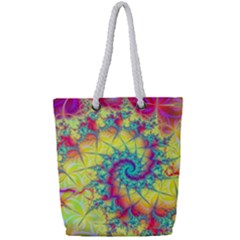 Fractal Spiral Abstract Background Vortex Yellow Full Print Rope Handle Tote (small)