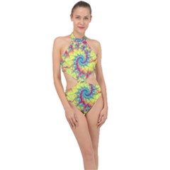 Fractal Spiral Abstract Background Vortex Yellow Halter Side Cut Swimsuit