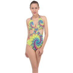 Fractal Spiral Abstract Background Vortex Yellow Halter Front Plunge Swimsuit