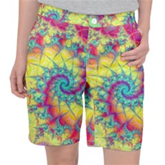 Fractal Spiral Abstract Background Vortex Yellow Women s Pocket Shorts