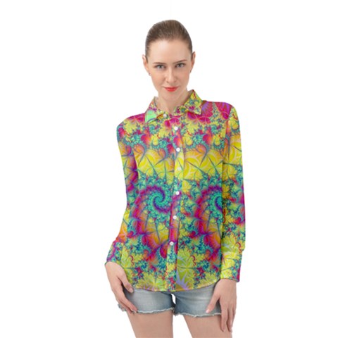 Fractal Spiral Abstract Background Vortex Yellow Long Sleeve Chiffon Shirt by Ket1n9