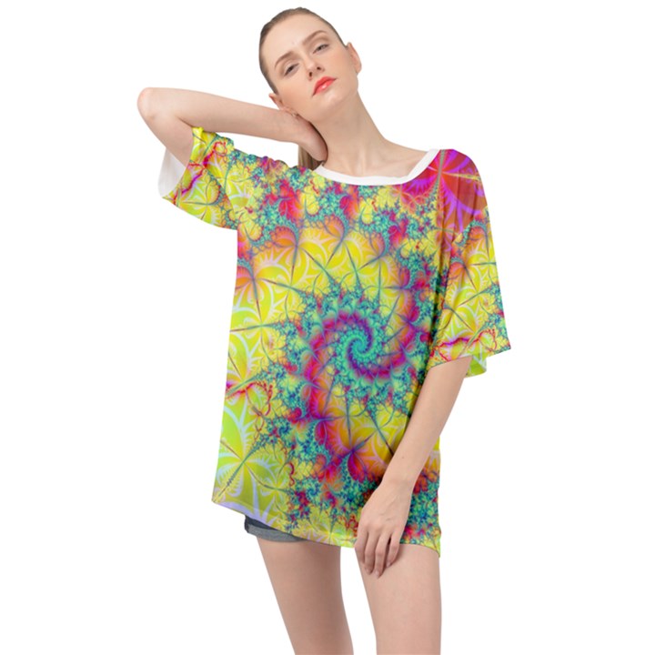 Fractal Spiral Abstract Background Vortex Yellow Oversized Chiffon Top