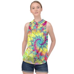 Fractal Spiral Abstract Background Vortex Yellow High Neck Satin Top