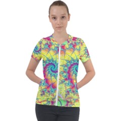 Fractal Spiral Abstract Background Vortex Yellow Short Sleeve Zip Up Jacket