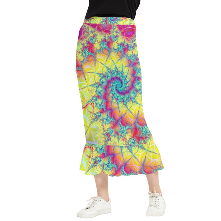 Fractal Spiral Abstract Background Vortex Yellow Maxi Fishtail Chiffon Skirt