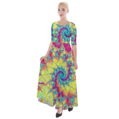 Fractal Spiral Abstract Background Vortex Yellow Half Sleeves Maxi Dress