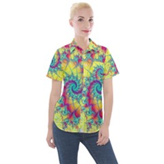 Fractal Spiral Abstract Background Vortex Yellow Women s Short Sleeve Pocket Shirt