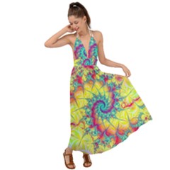 Fractal Spiral Abstract Background Vortex Yellow Backless Maxi Beach Dress