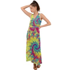 Fractal Spiral Abstract Background Vortex Yellow V-neck Chiffon Maxi Dress