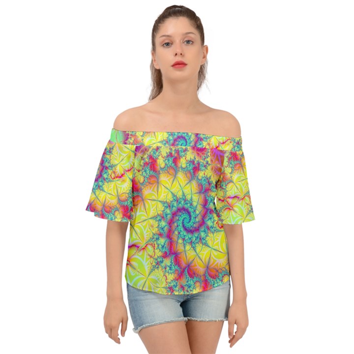 Fractal Spiral Abstract Background Vortex Yellow Off Shoulder Short Sleeve Top