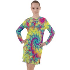 Fractal Spiral Abstract Background Vortex Yellow Long Sleeve Hoodie Dress