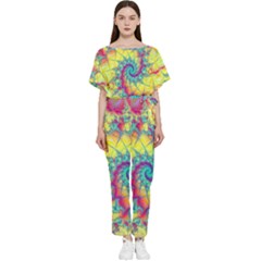 Fractal Spiral Abstract Background Vortex Yellow Batwing Lightweight Chiffon Jumpsuit