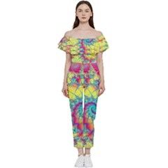 Fractal Spiral Abstract Background Vortex Yellow Bardot Ruffle Jumpsuit