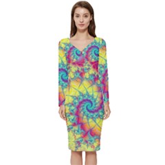 Fractal Spiral Abstract Background Vortex Yellow Long Sleeve V-neck Bodycon Dress 