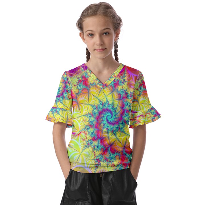 Fractal Spiral Abstract Background Vortex Yellow Kids  V-Neck Horn Sleeve Blouse