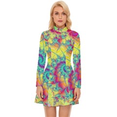 Fractal Spiral Abstract Background Vortex Yellow Long Sleeve Velour Longline Dress