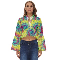 Fractal Spiral Abstract Background Vortex Yellow Boho Long Bell Sleeve Top