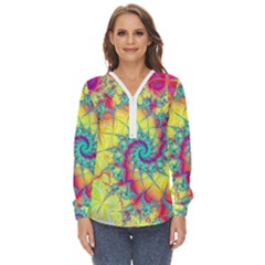 Fractal Spiral Abstract Background Vortex Yellow Zip Up Long Sleeve Blouse