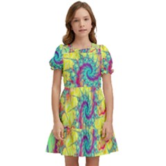 Fractal Spiral Abstract Background Vortex Yellow Kids  Puff Sleeved Dress