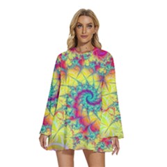 Fractal Spiral Abstract Background Vortex Yellow Round Neck Long Sleeve Bohemian Style Chiffon Mini Dress