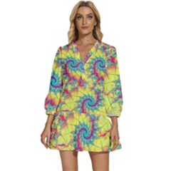 Fractal Spiral Abstract Background Vortex Yellow V-neck Placket Mini Dress