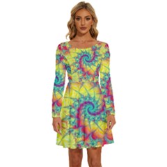 Fractal Spiral Abstract Background Vortex Yellow Long Sleeve Wide Neck Velvet Dress