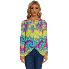 Fractal Spiral Abstract Background Vortex Yellow Long Sleeve Crew Neck Pullover Top