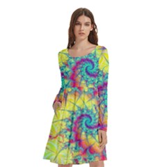 Fractal Spiral Abstract Background Vortex Yellow Long Sleeve Knee Length Skater Dress With Pockets by Ket1n9