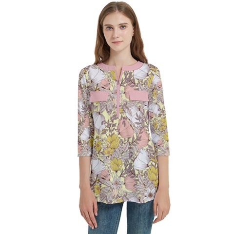 Flowers  Boho Women s Zip Front V-neck 3/4 Sleeve Casual Top Pocket Shirt by flowerland