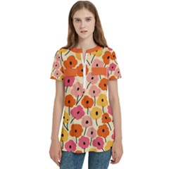 Floral Pattern Shawl Women s Zip Front V-neck Short Sleeve Casual Top Pocket Shirt