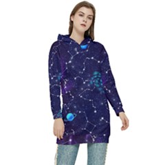 Realistic Night Sky Poster With Constellations Women s Long Oversized Pullover Hoodie