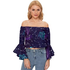 Realistic Night Sky Poster With Constellations Off Shoulder Flutter Bell Sleeve Top