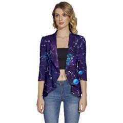 Realistic Night Sky Poster With Constellations Women s 3/4 Sleeve Ruffle Edge Open Front Jacket by Ket1n9