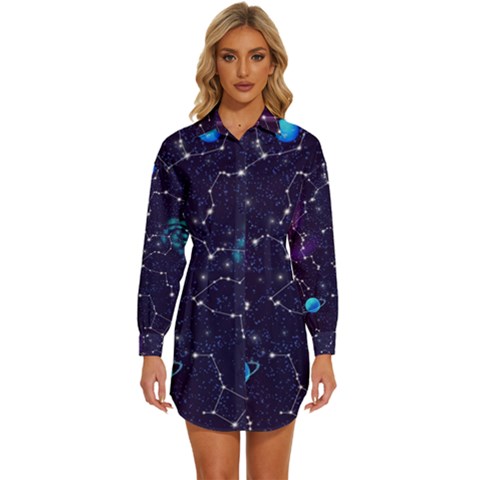 Realistic Night Sky Poster With Constellations Womens Long Sleeve Shirt Dress by Ket1n9