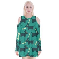 Happy Dogs Animals Pattern Velvet Long Sleeve Shoulder Cutout Dress