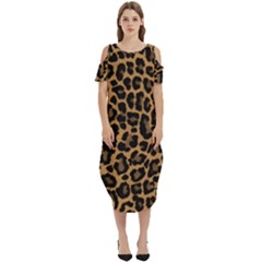 Tiger Skin Art Pattern Cold Shoulder Loose Fit Dress With Pockets