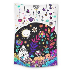 Rainbow Fun Cute Minimal Doodle Large Tapestry