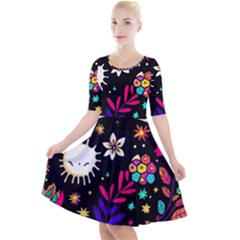 Rainbow Fun Cute Minimal Doodle Quarter Sleeve A-line Dress With Pockets by Bedest