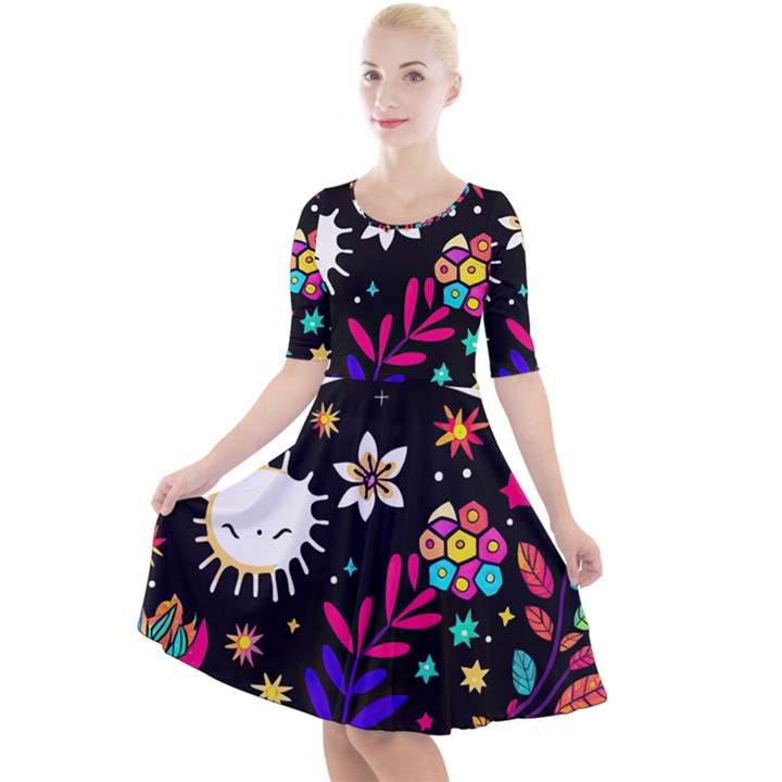 Rainbow Fun Cute Minimal Doodle Quarter Sleeve A-Line Dress With Pockets