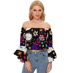 Rainbow Fun Cute Minimal Doodle Off Shoulder Flutter Bell Sleeve Top