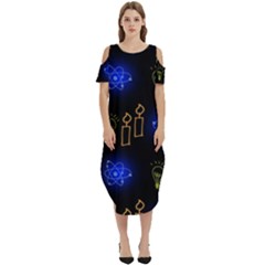 Background Doodles Candles Graphic Cold Shoulder Loose Fit Dress With Pockets by Bedest