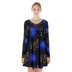 Background Doodles Candles Graphic Long Sleeve Velvet V-neck Dress