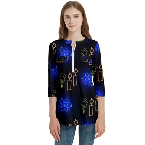 Background Doodles Candles Graphic Women s Zip Front V-neck 3/4 Sleeve Casual Top Pocket Shirt by Bedest