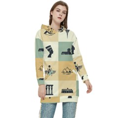 Egyptian Flat Style Icons Women s Long Oversized Pullover Hoodie