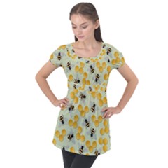 Bees Pattern Honey Bee Bug Honeycomb Honey Beehive Puff Sleeve Tunic Top by Bedest